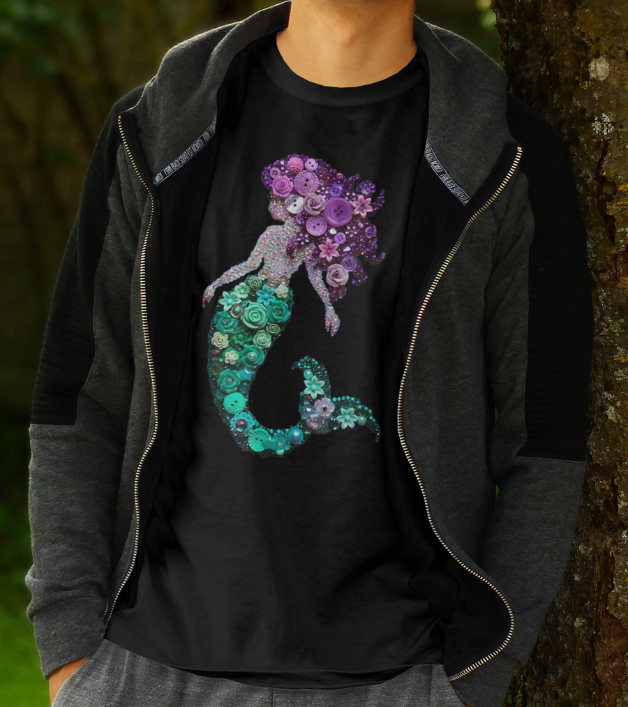 Flower Mermaid Purple Green Buttons T-Shirt