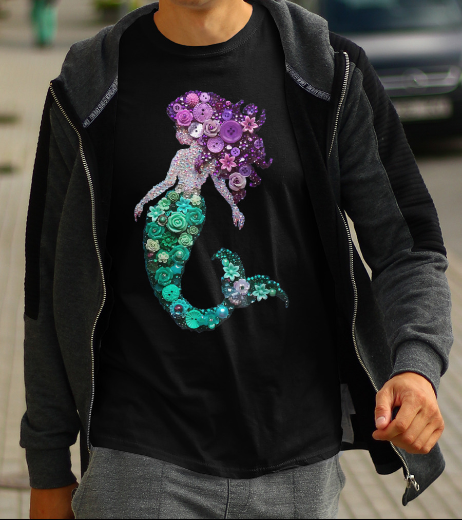 Flower Mermaid Purple Green Buttons T-Shirt