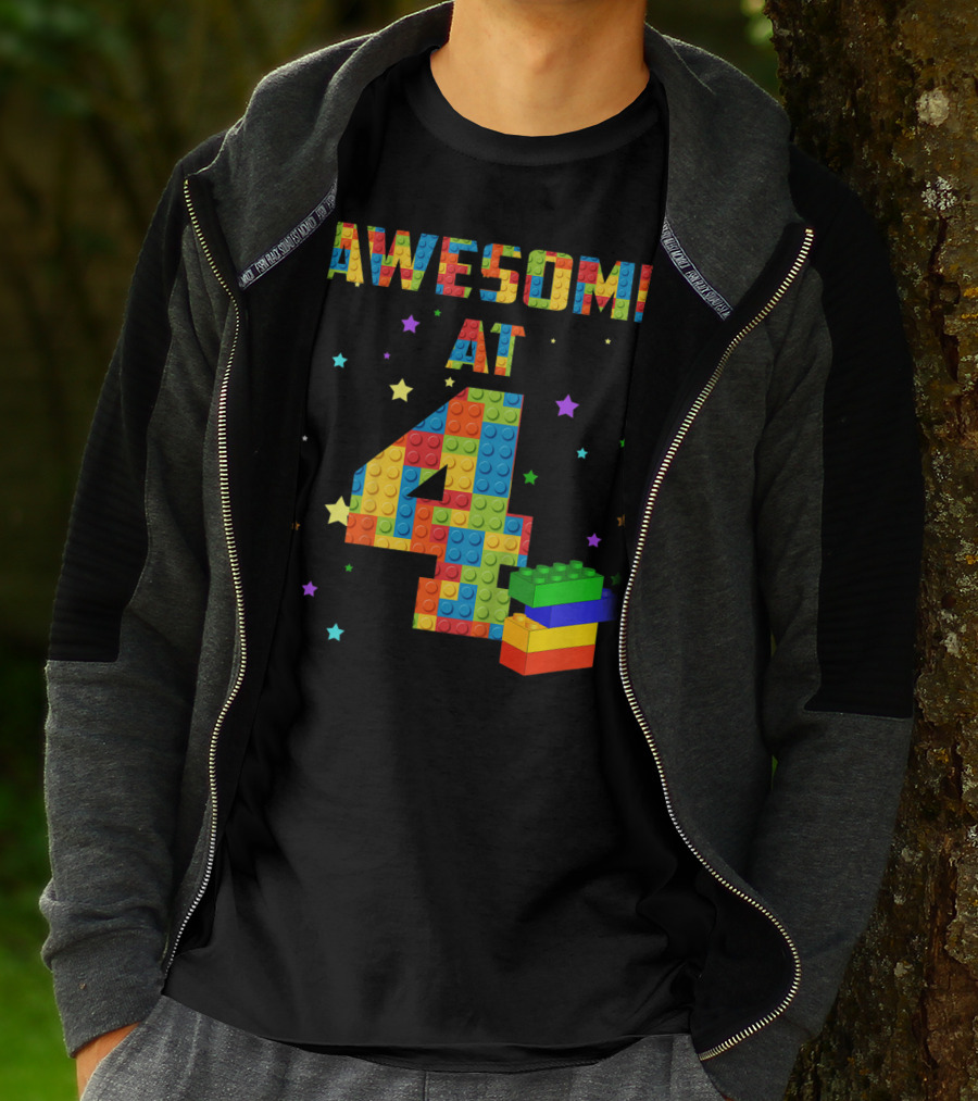 AWESOME AT 4 Building Blocks Kids Birthday T-Shirt