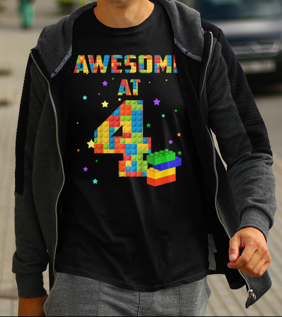 AWESOME AT 4 Building Blocks Kids Birthday T-Shirt