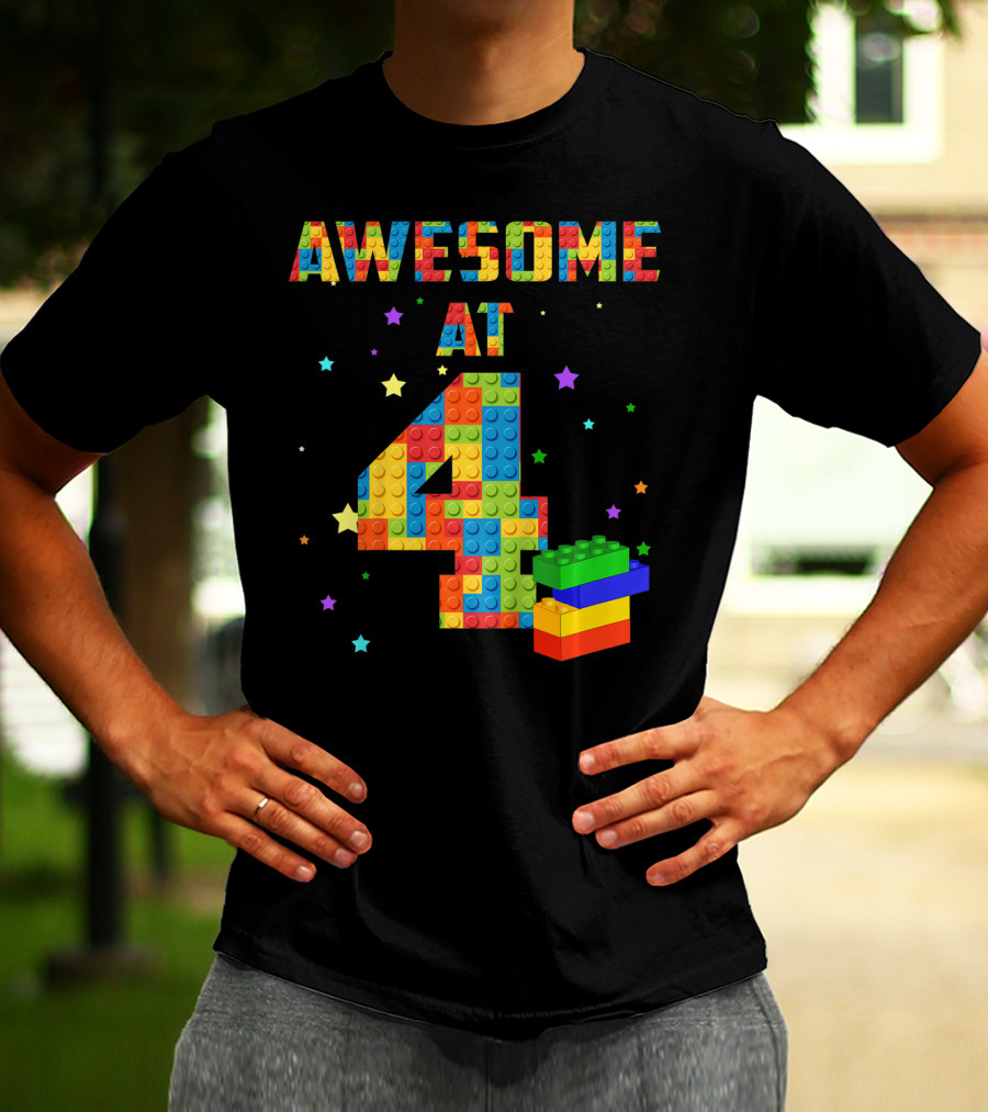 AWESOME AT 4 Building Blocks Kids Birthday T-Shirt