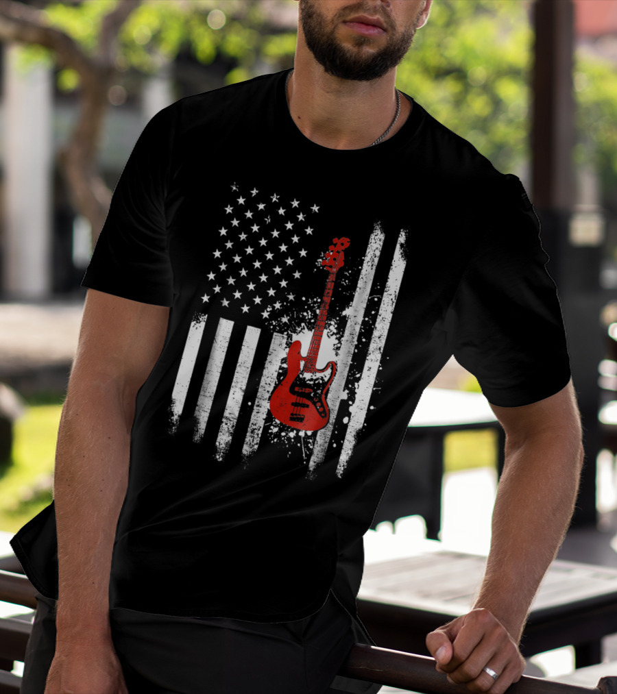 Bass Guitar Red White Stars Stripes American Flag T-Shirt
