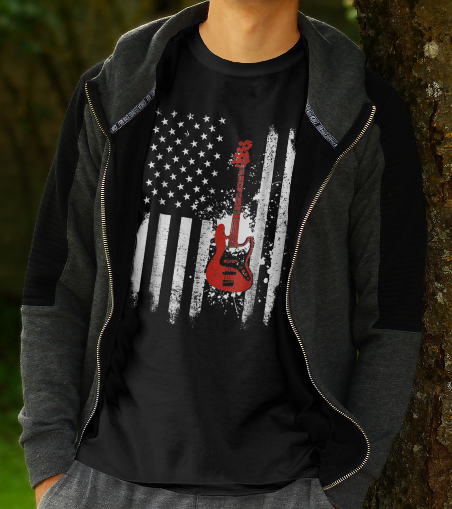 Bass Guitar Red White Stars Stripes American Flag T-Shirt
