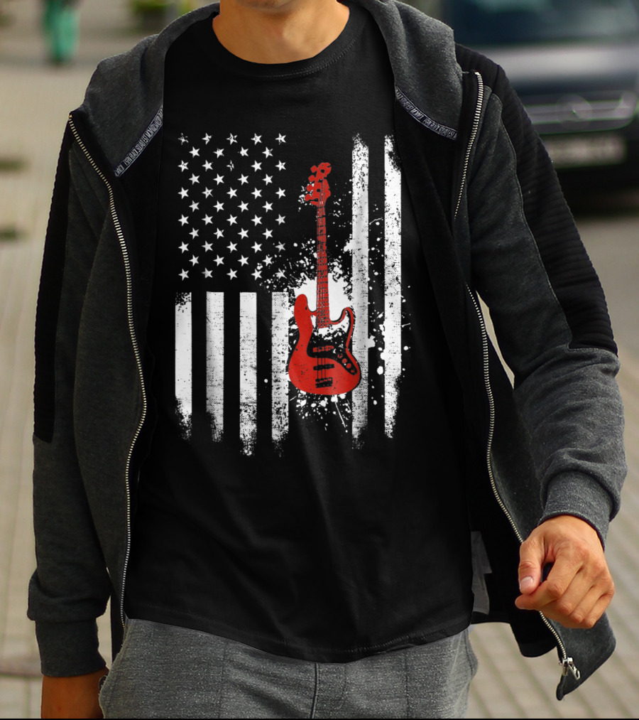 Bass Guitar Red White Stars Stripes American Flag T-Shirt