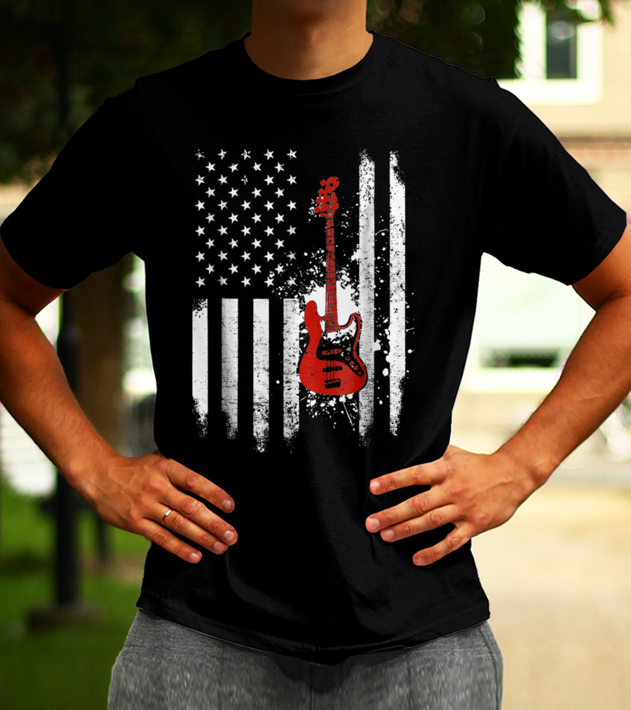 Bass Guitar Red White Stars Stripes American Flag T-Shirt