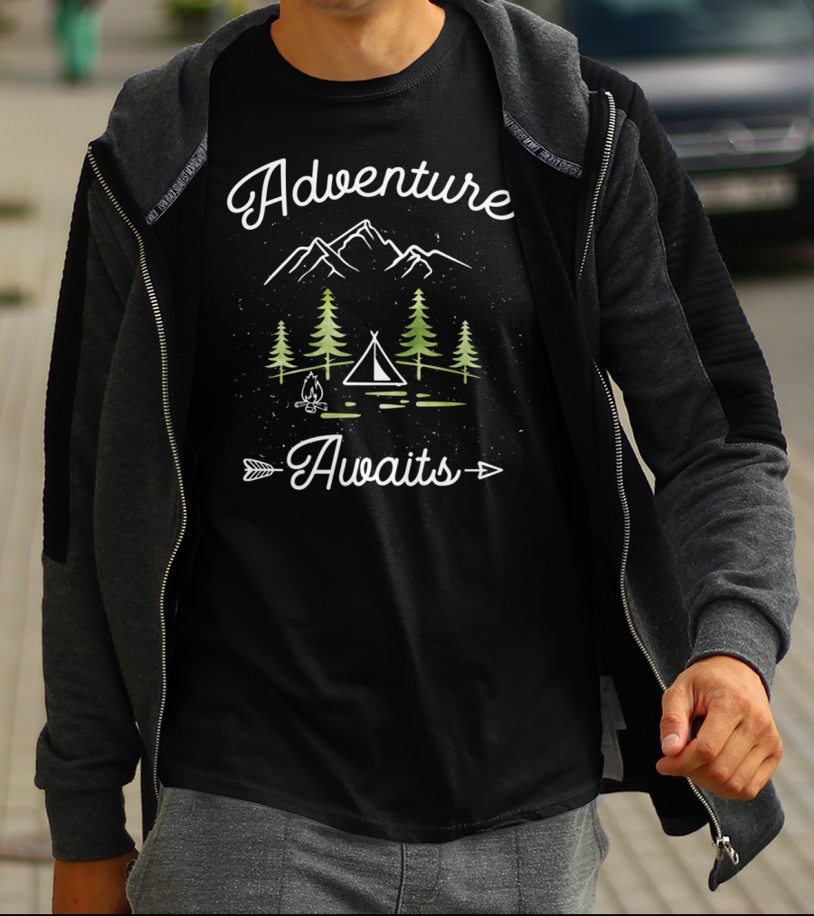 Adventure Awaits Camping Hiking Outdoor Travel Mountains Trees Tent Campfire Arrow T-Shirt