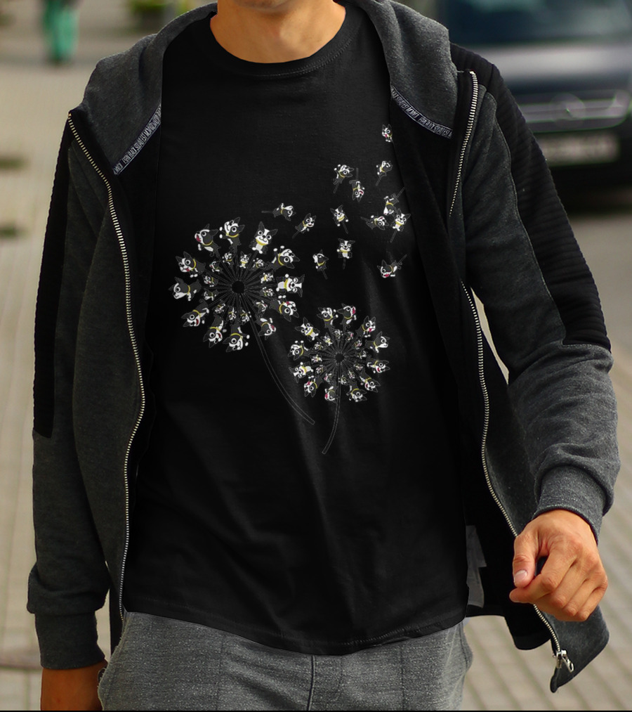 Boston Terrier Dandelion Pattern With Boston Terrier Faces T-Shirt