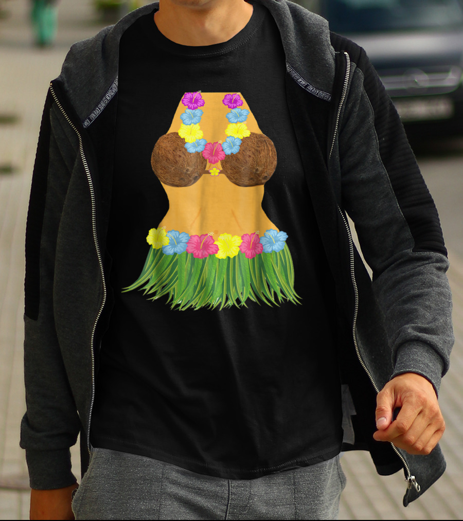 Coconut Bra Grass Skirt Lei Flowers Summer Tropical T-Shirt