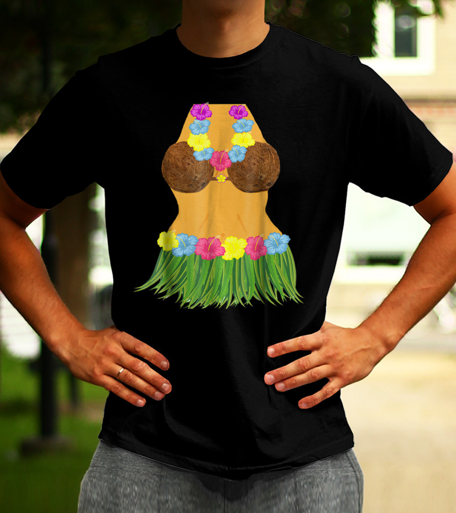 Coconut Bra Grass Skirt Lei Flowers Summer Tropical T-Shirt