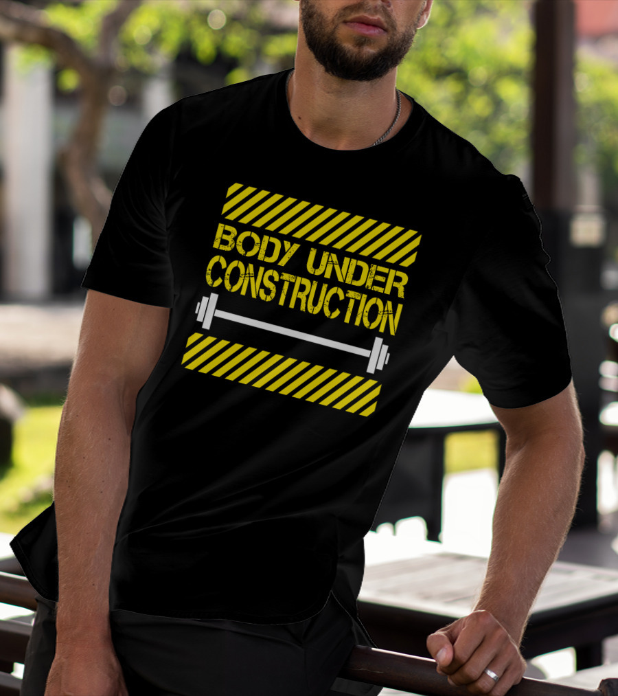 Body Under Construction Yellow Stripes Weightlifting Barbell T-Shirt