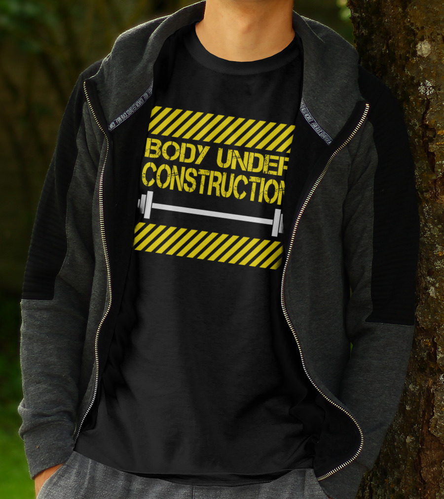 Body Under Construction Yellow Stripes Weightlifting Barbell T-Shirt
