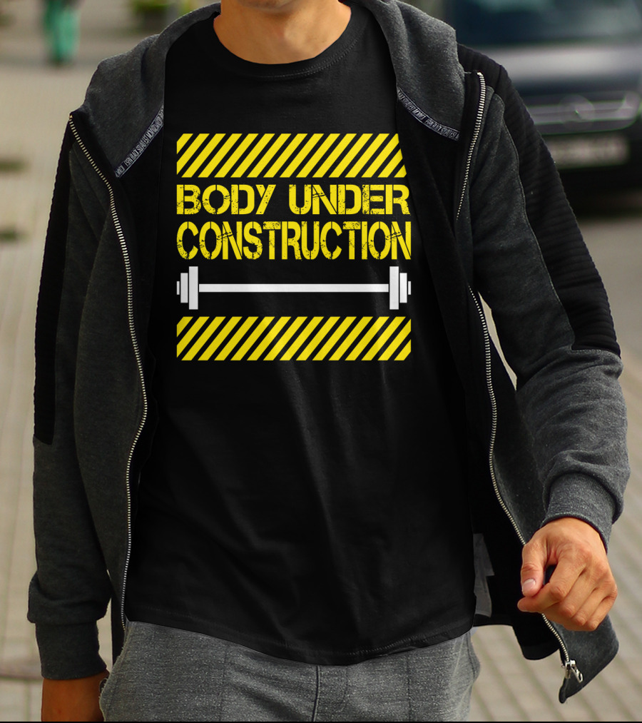Body Under Construction Yellow Stripes Weightlifting Barbell T-Shirt