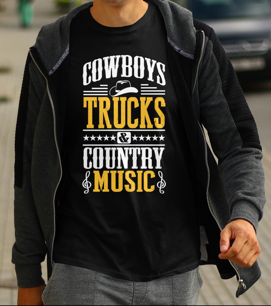 Cowboys Trucks And Country Music With Stars And Musical Notes T-Shirt