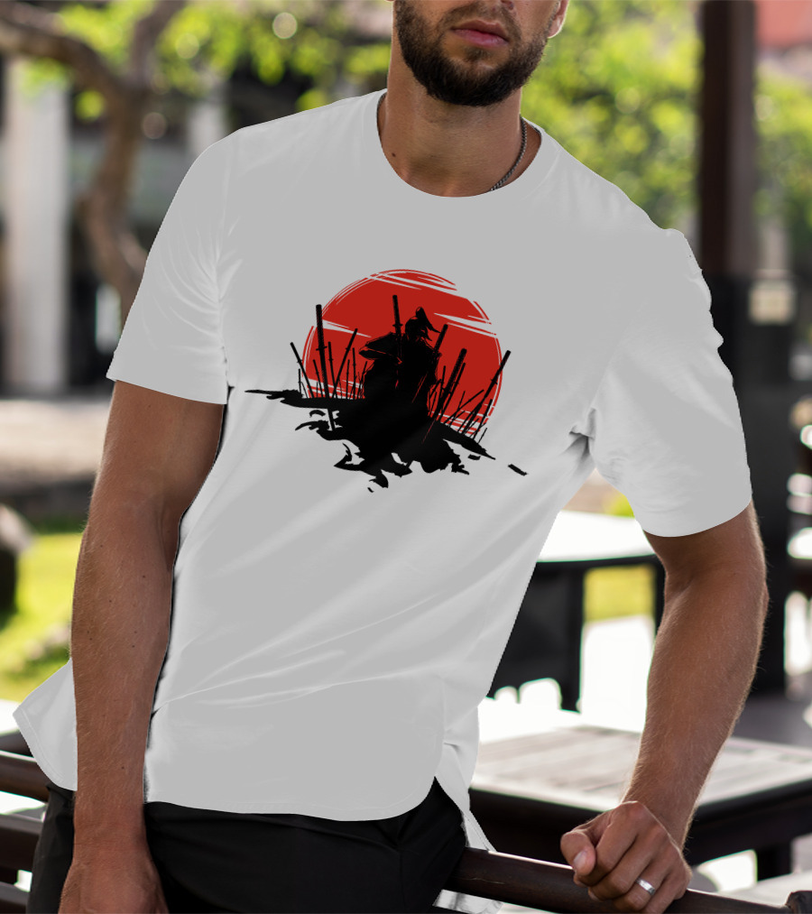 The End Of The Battle Samurai Silhouette Against Red Sun Rising T-Shirt