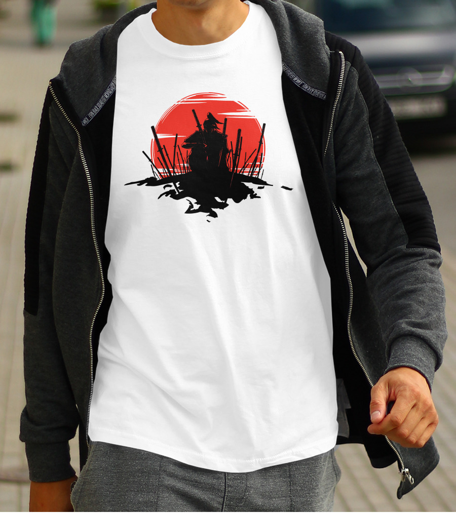 The End Of The Battle Samurai Silhouette Against Red Sun Rising T-Shirt