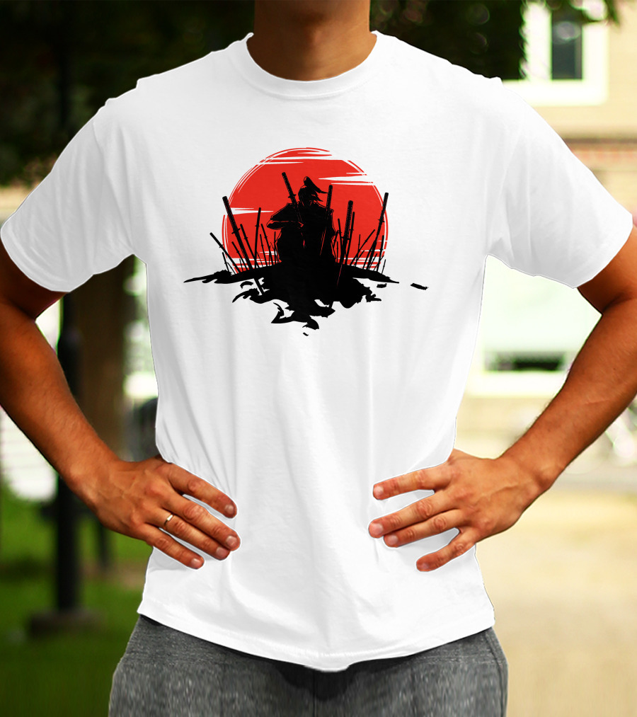 The End Of The Battle Samurai Silhouette Against Red Sun Rising T-Shirt