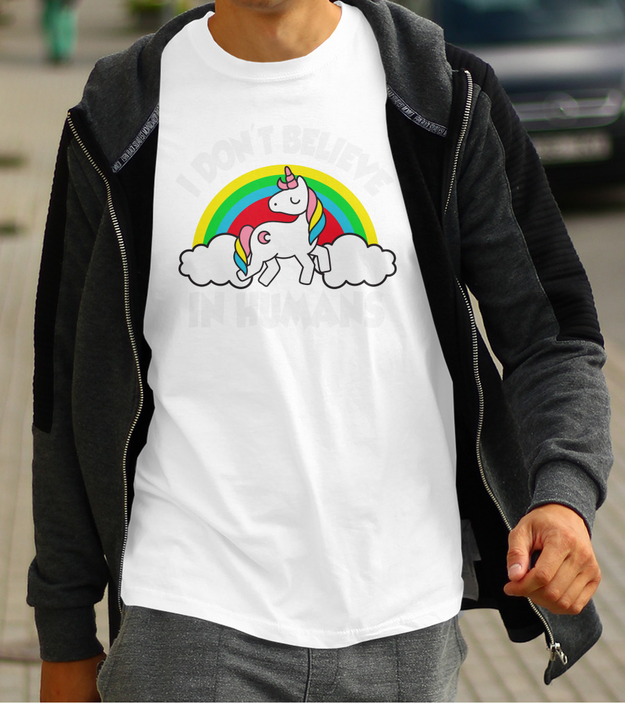 Unicorns I Don't Believe In Humans Rainbow Cloud T-Shirt