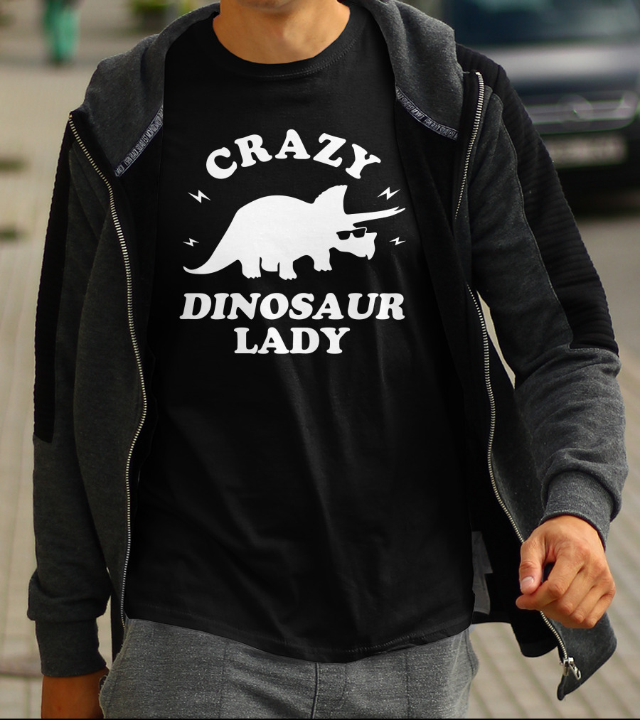 CRAZY DINOSAUR LADY Triceratops With Sunglasses And Lightning Bolts T-Shirt