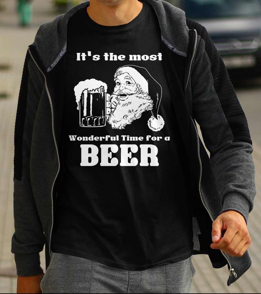 Christmas Santa It's The Most Wonderful Time For A Beer With Santa Hat And Mug Of Beer T-Shirt