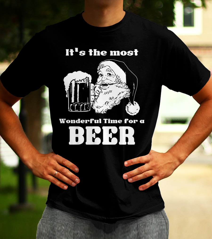 Christmas Santa It's The Most Wonderful Time For A Beer With Santa Hat And Mug Of Beer T-Shirt