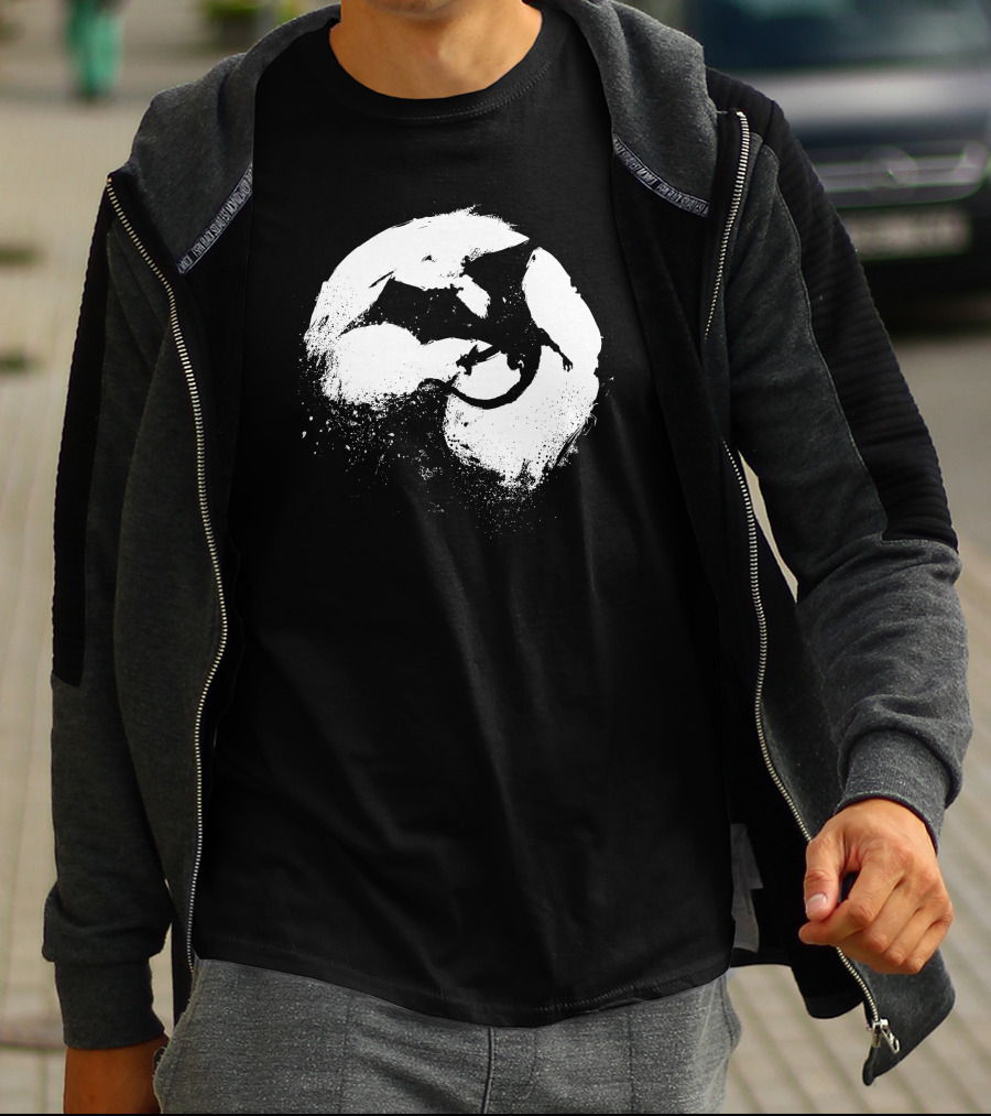 Midnight Desolation Dragon Silhouette In Full Moon T-Shirt