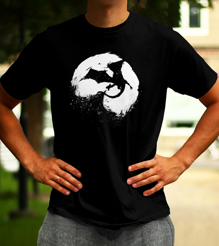 Midnight Desolation Dragon Silhouette In Full Moon T-Shirt