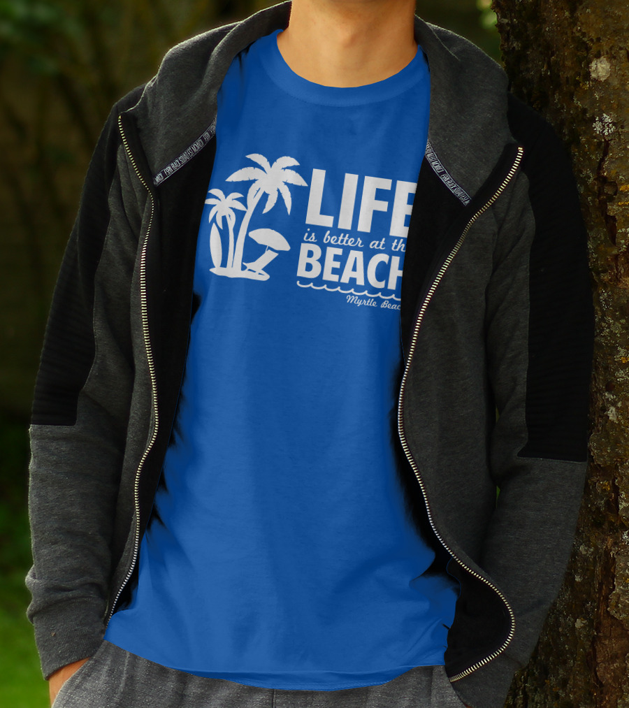 Life Is Better At The Beach Myrtle Beach Palms Umbrella Blue Background T-Shirt