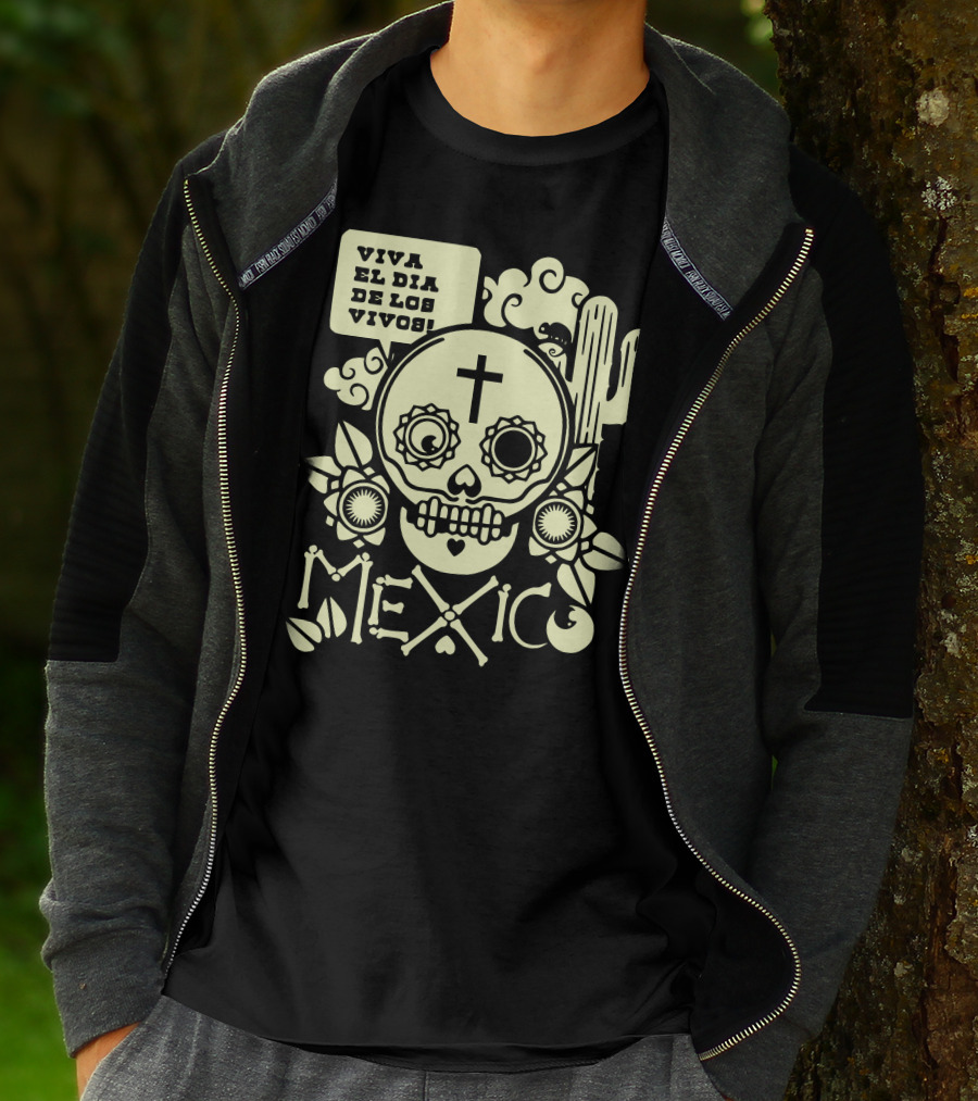 Viva El Día De Los Vivos Skull Cactus Mexico T-Shirt