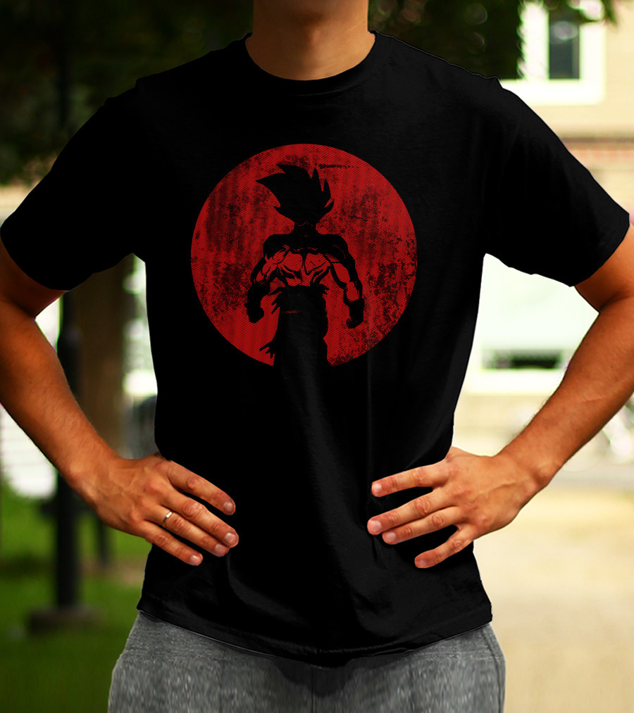 Crimson Saiyan Silhouette Against Red Moon T-Shirt