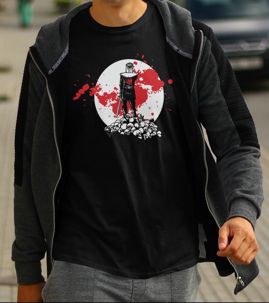 Black Knight Stands Tall On Red Blood Moon Of Skulls T-Shirt