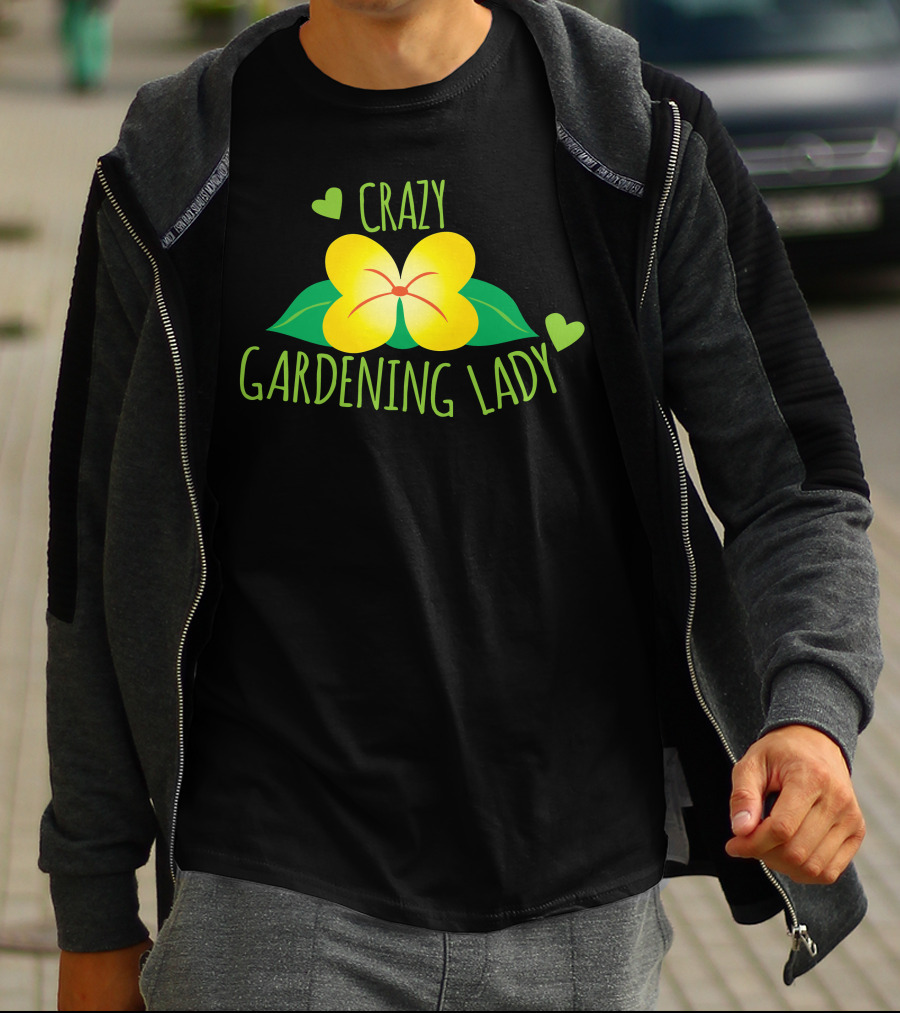 Crazy Gardening Lady Yellow Flower And Green Hearts T-Shirt