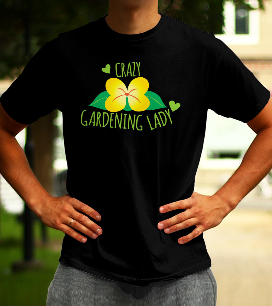 Crazy Gardening Lady Yellow Flower And Green Hearts T-Shirt