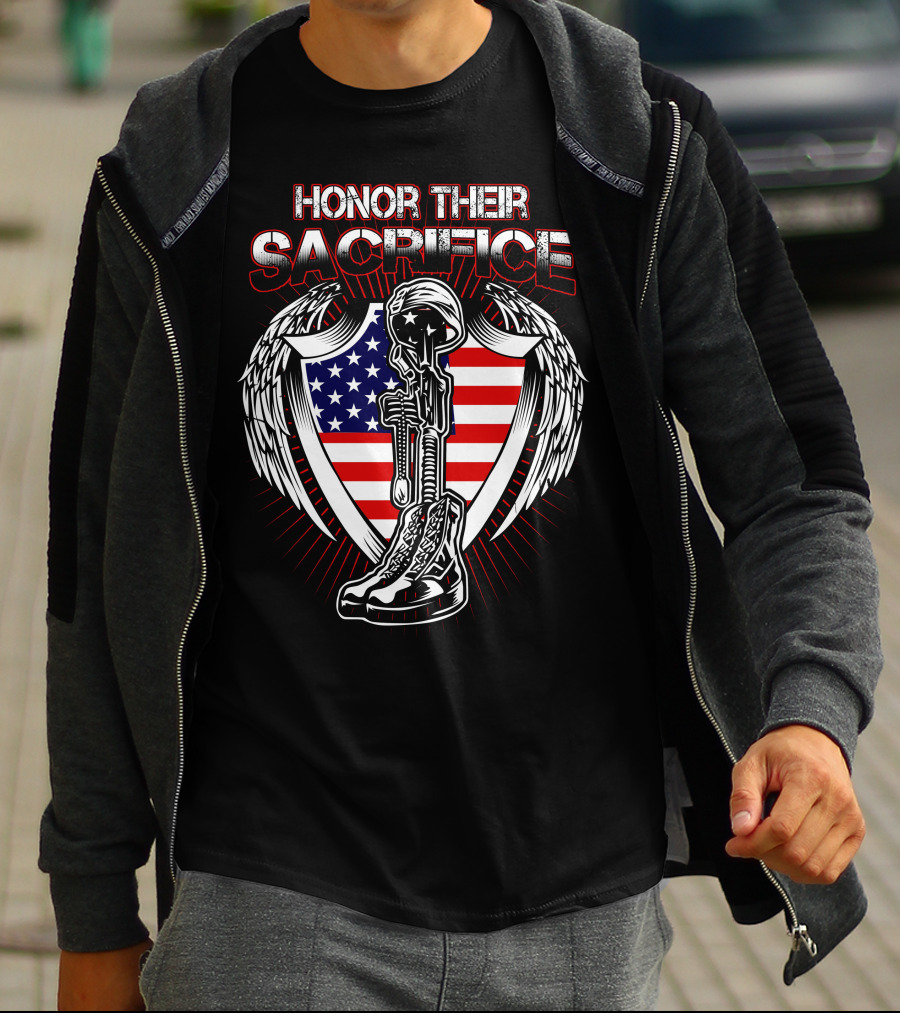 HONOR THEIR SACRIFICE American Flag Winged Soldier Memorial Helmet And Boots T-Shirt