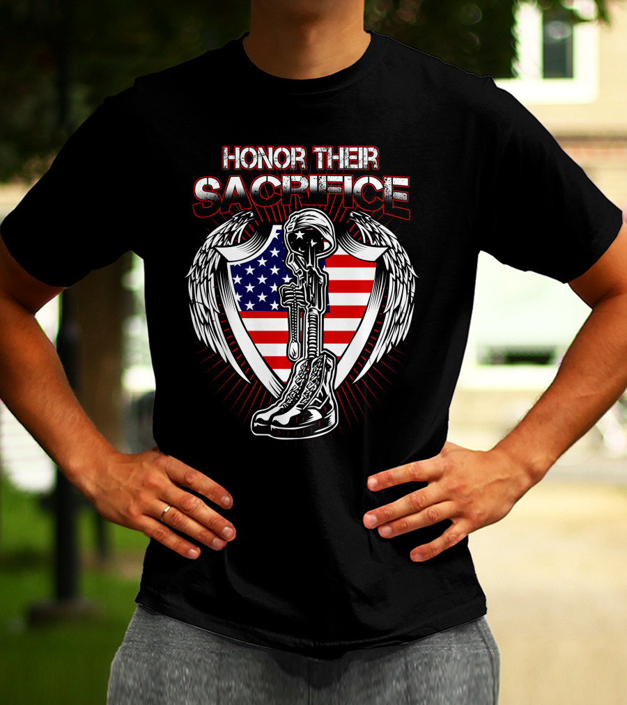 HONOR THEIR SACRIFICE American Flag Winged Soldier Memorial Helmet And Boots T-Shirt