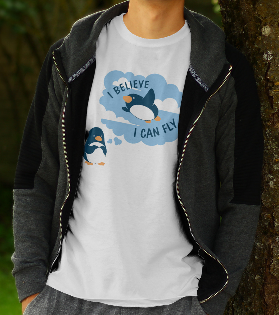I Believe I Can Fly Penguin Dreaming Clouds T-Shirt