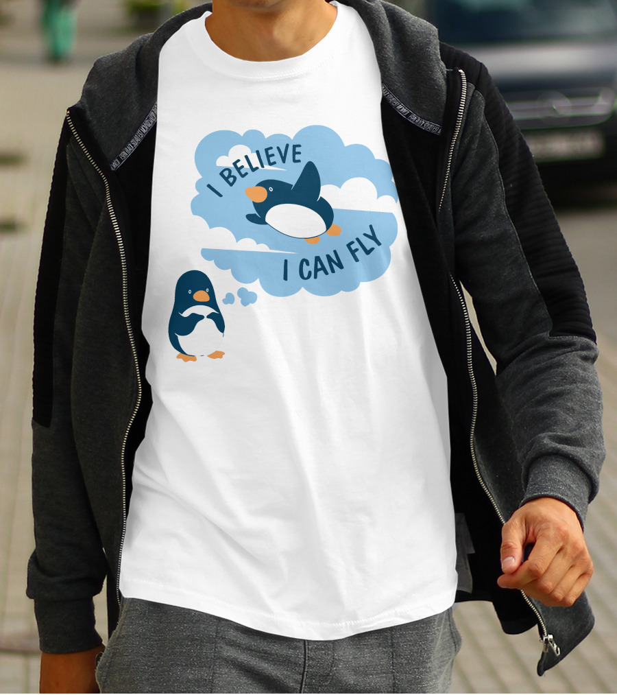 I Believe I Can Fly Penguin Dreaming Clouds T-Shirt