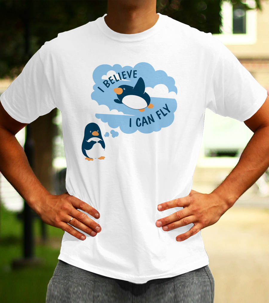 I Believe I Can Fly Penguin Dreaming Clouds T-Shirt