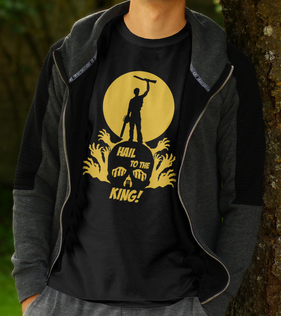 Hail To The King Skeleton Moon Chainsaw Hero With Zombie Hands T-Shirt