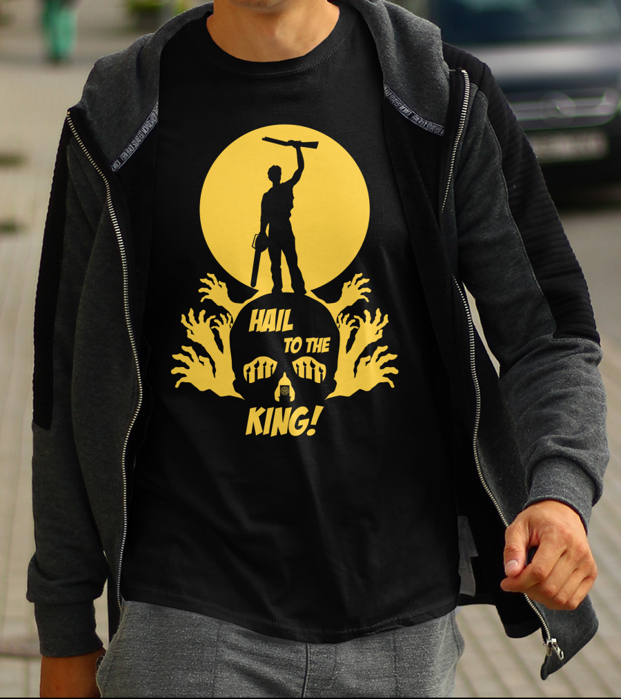 Hail To The King Skeleton Moon Chainsaw Hero With Zombie Hands T-Shirt
