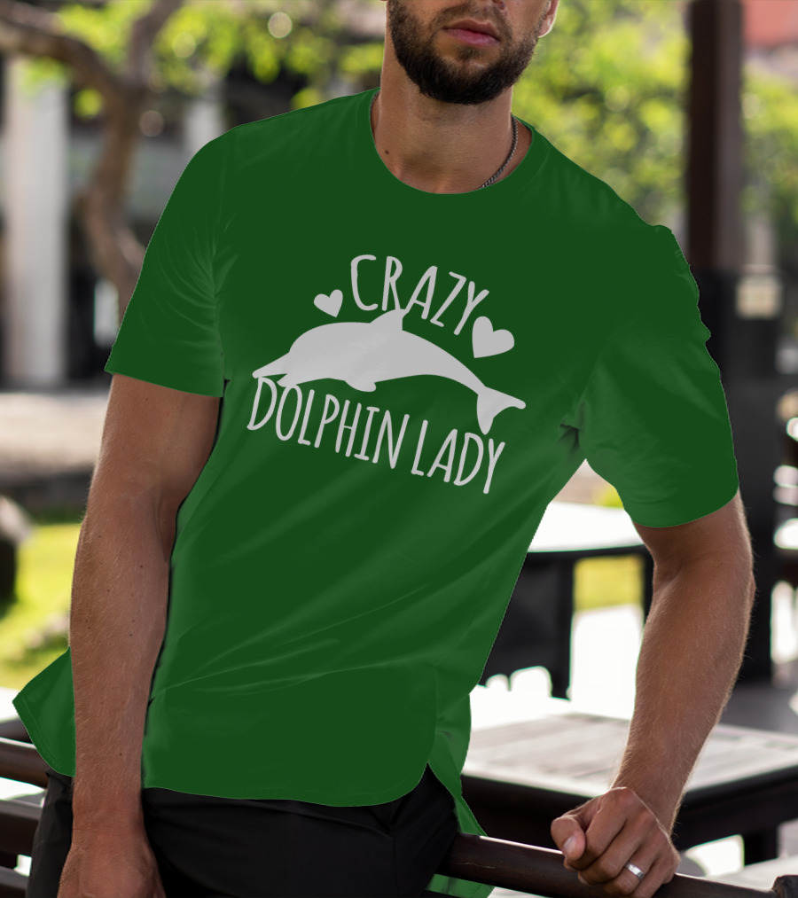 CRAZY DOLPHIN LADY Hearts And Dolphin Silhouette On Green T-Shirt