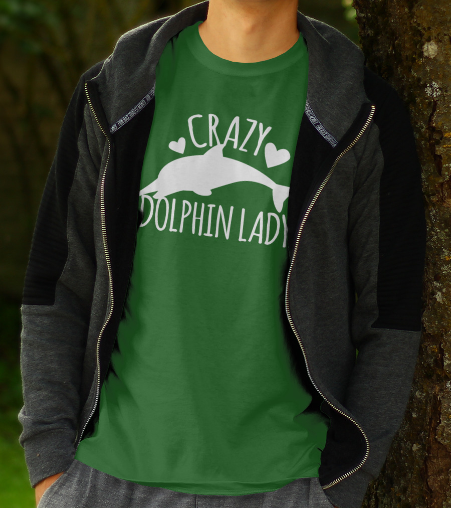 CRAZY DOLPHIN LADY Hearts And Dolphin Silhouette On Green T-Shirt