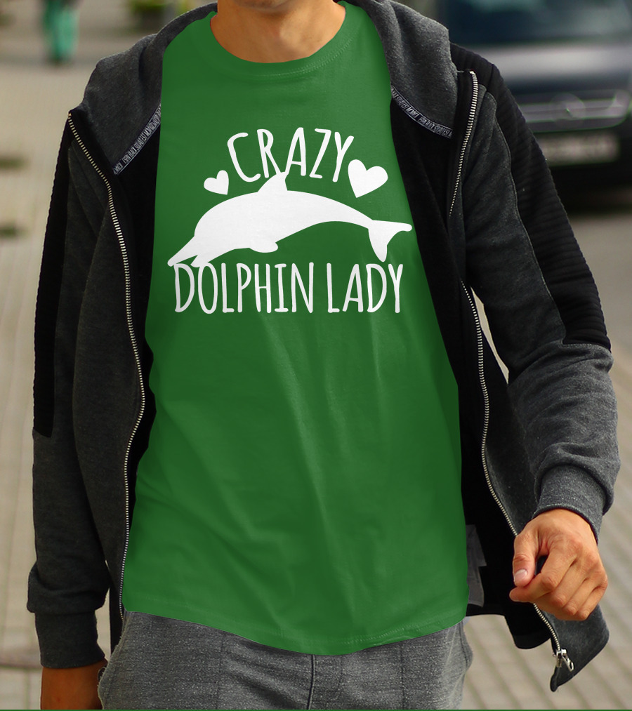 CRAZY DOLPHIN LADY Hearts And Dolphin Silhouette On Green T-Shirt