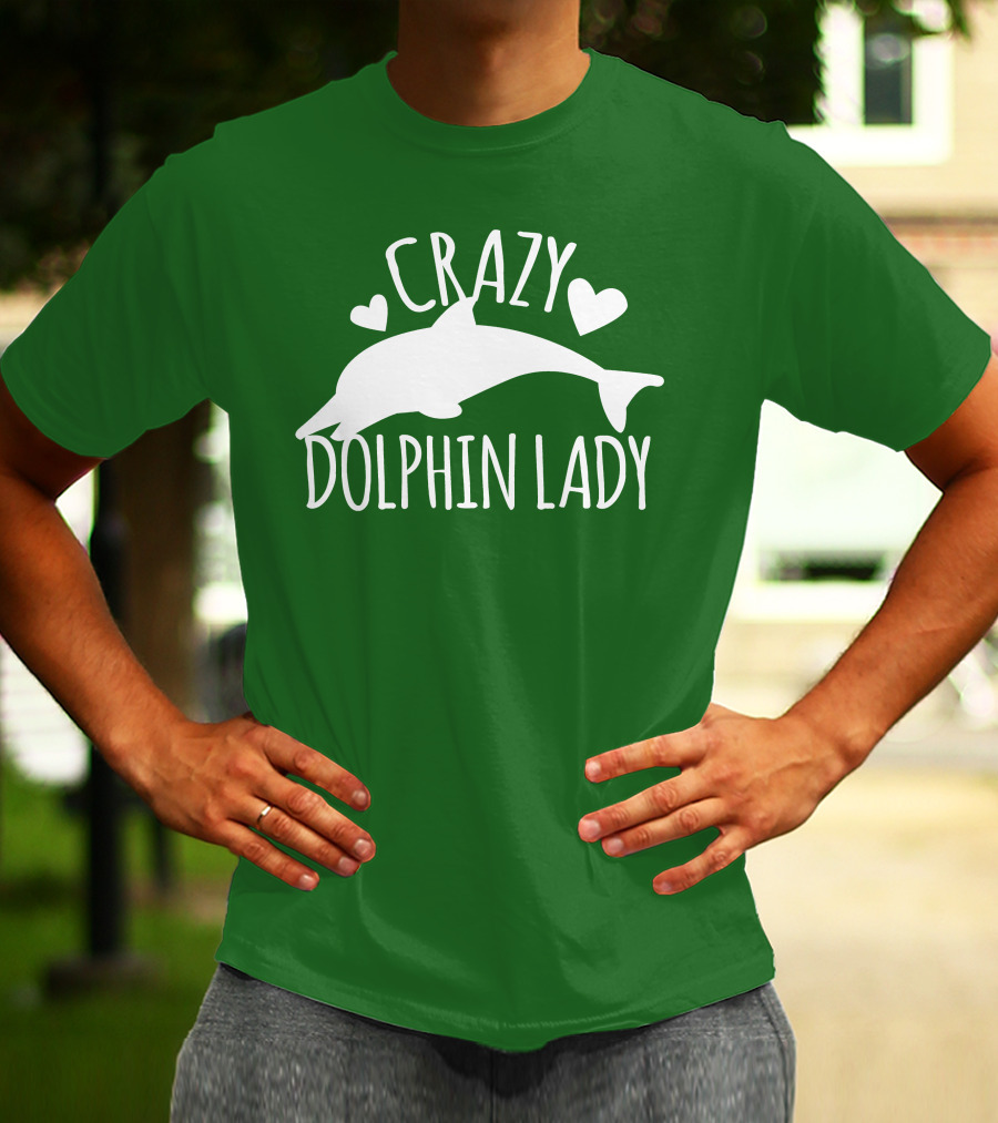 CRAZY DOLPHIN LADY Hearts And Dolphin Silhouette On Green T-Shirt