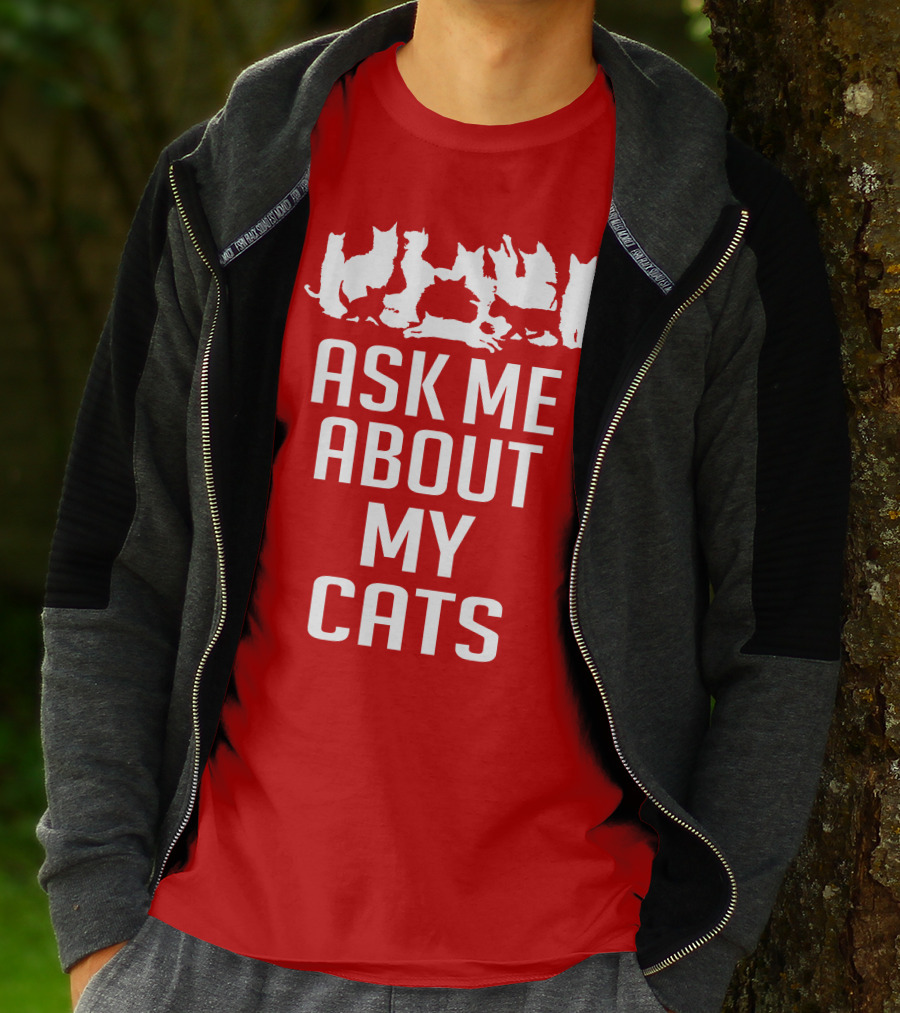 Ask Me About My Cats With White Silhouette Cats T-Shirt