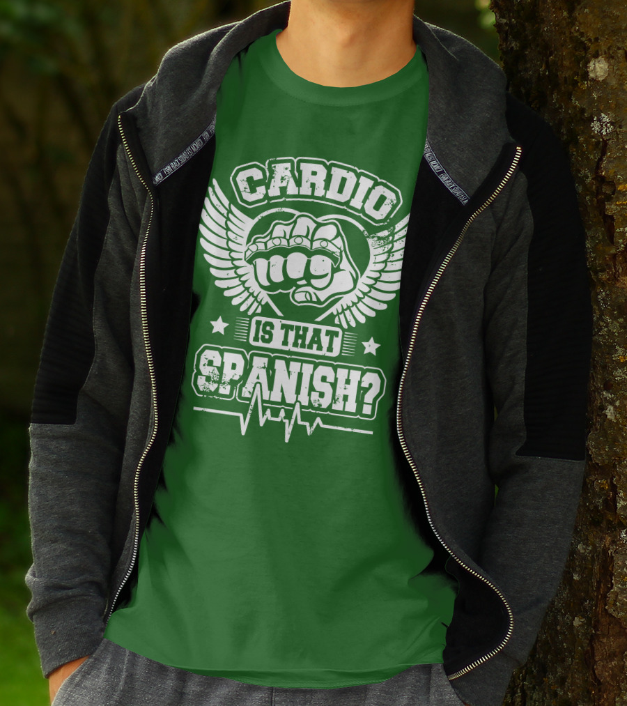 Cardio Is That Spanish Bold Fist And Wings With Heartbeat Line T-Shirt