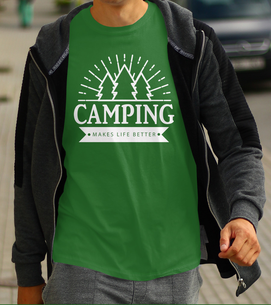 Camping Makes Life Better With Forest Trees And Radiant Sunburst T-Shirt