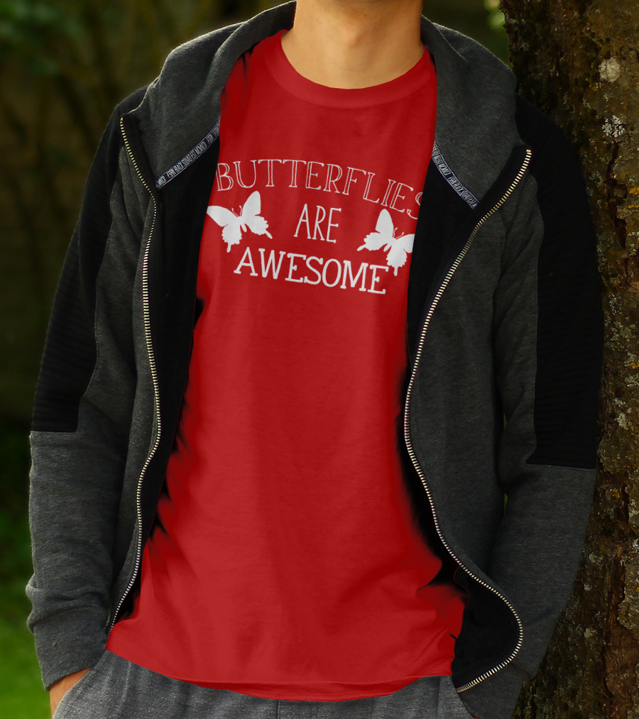 Butterflies Are Awesome Bold Text With Butterfly Silhouettes On Red T-Shirt