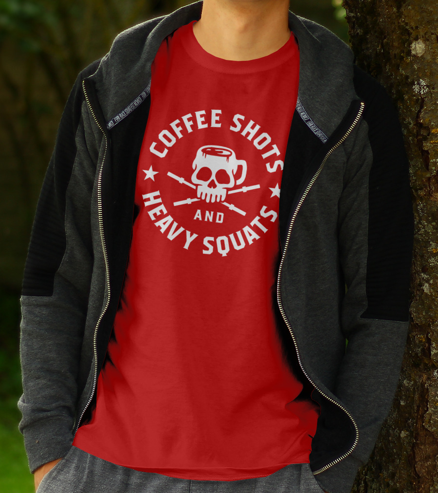 Coffee Shots And Heavy Squats Skull Mug And Barbells T-Shirt