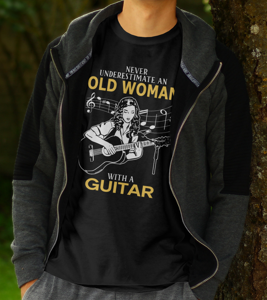 Never Underestimate An Old Woman Playing Guitar With Musical Notes T-Shirt