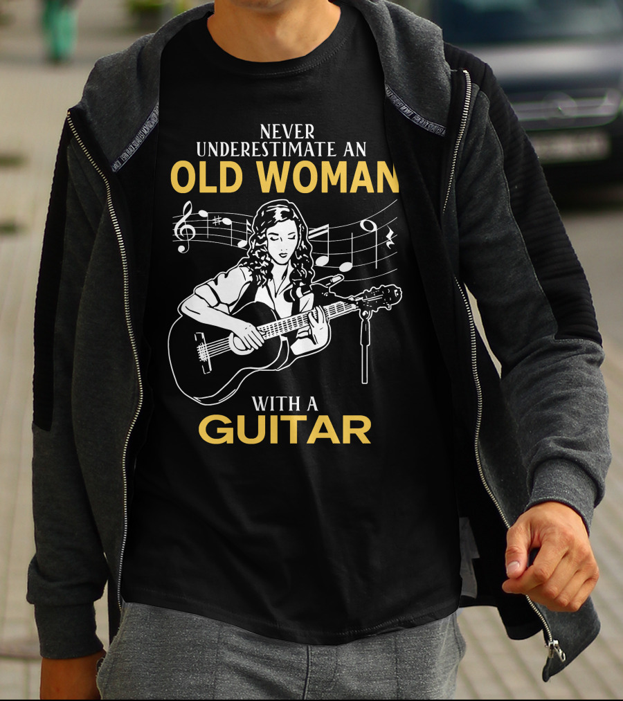 Never Underestimate An Old Woman Playing Guitar With Musical Notes T-Shirt